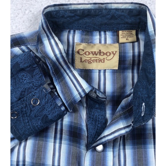 Cowgirl Legend Other - Cowboy Legend Western Shirt Mens  M / L Blue Plaid Pearl Snap Flip‎ Cuff Rodeo